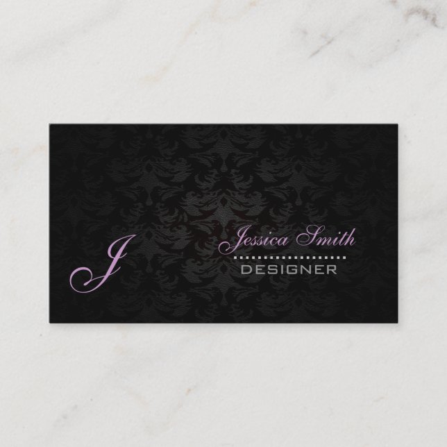 Profesional elegant plain  monogram damask black business card (Front)