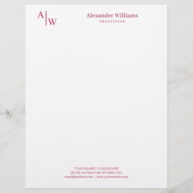 Professional 2 Monogram Minimalist Burgundy Red Custom Letterhead (Front)