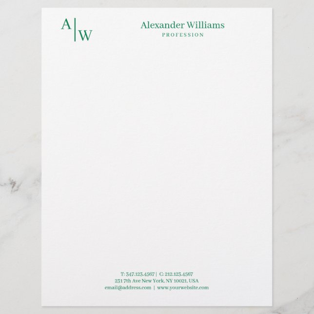 Professional 2 Monogram Minimalist Classic Green Custom Letterhead (Front)