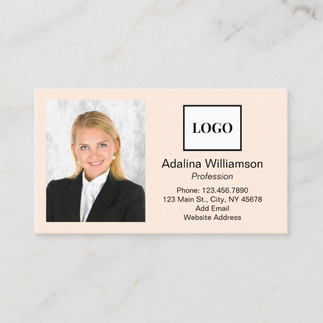 Professional Add Logo and Photo Beige Business Card (Front)