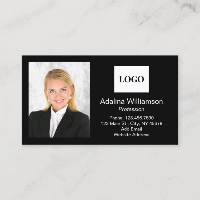 Professional Add Logo Photo Black and White Business Card (Front)