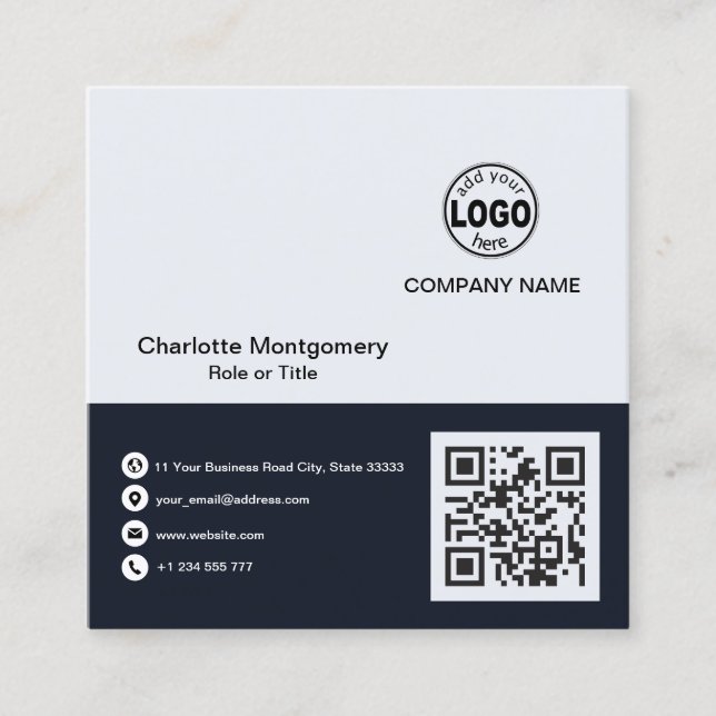 Professional add your Logo QR Code Photo Custom Sq Square Business Card (Front)