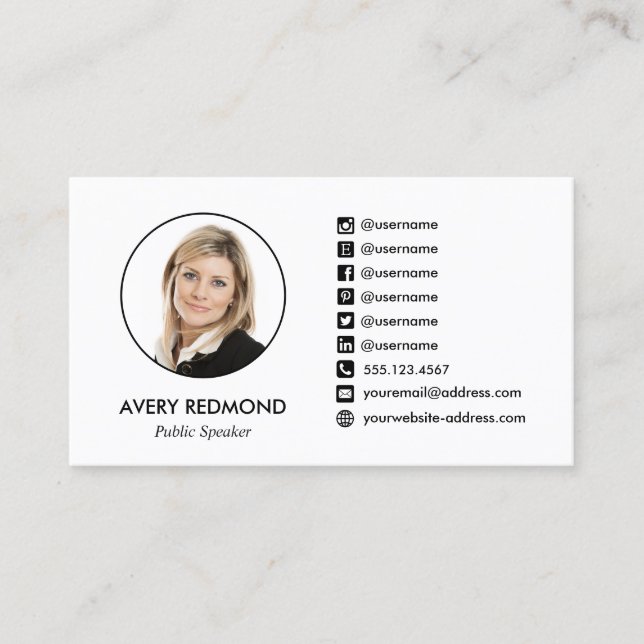Professional Add Your Photo Social Media Icons Business Card (Front)