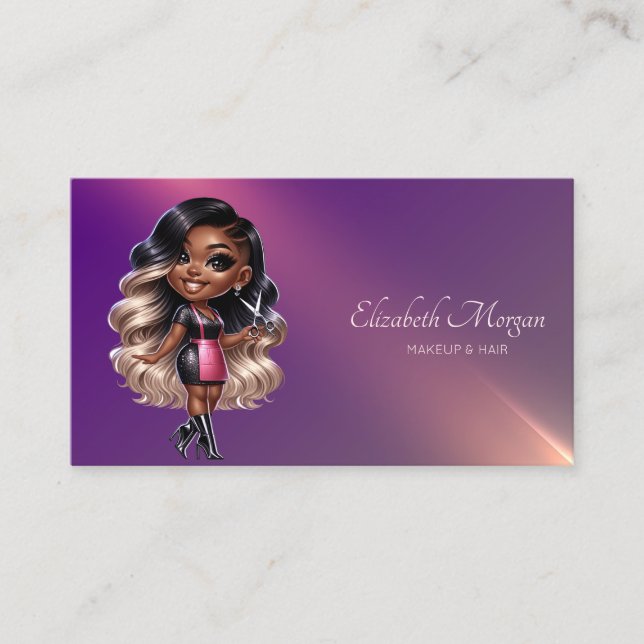 Professional African American Hairdresser Purple  Business Card (Front)