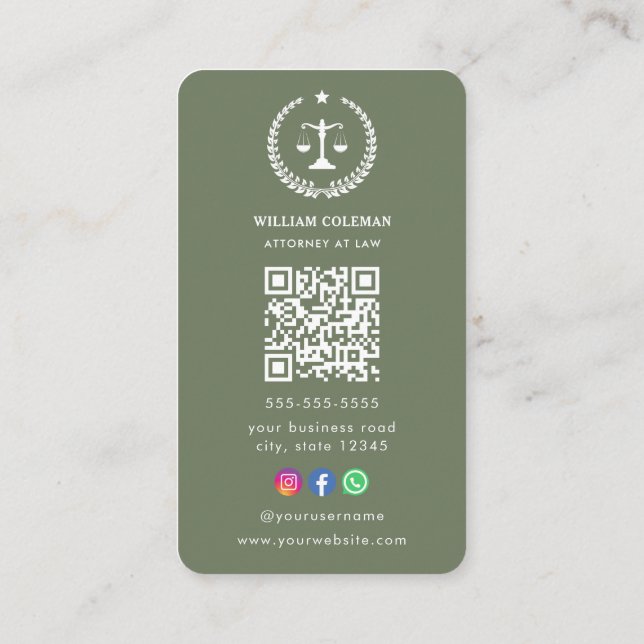Professional Attorney Lawyer Justice Scale Qr Code Business Card (Back)