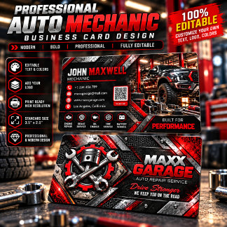 Professional Auto Mechanic Business Card | Red