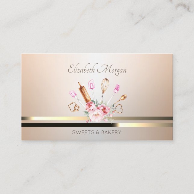  Professional Bakery Tools Gold Stripes Flowers Business Card (Front)