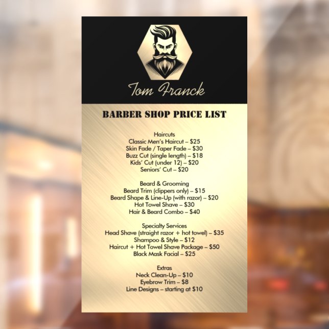 Professional Barber Shop black&gold Price List Window Cling (Sheet 2)