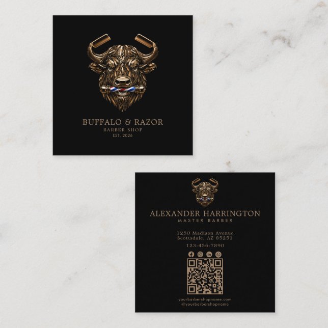 Professional Barber Shop Bronze Buffalo Qr Code Square Business Card (Front/Back)