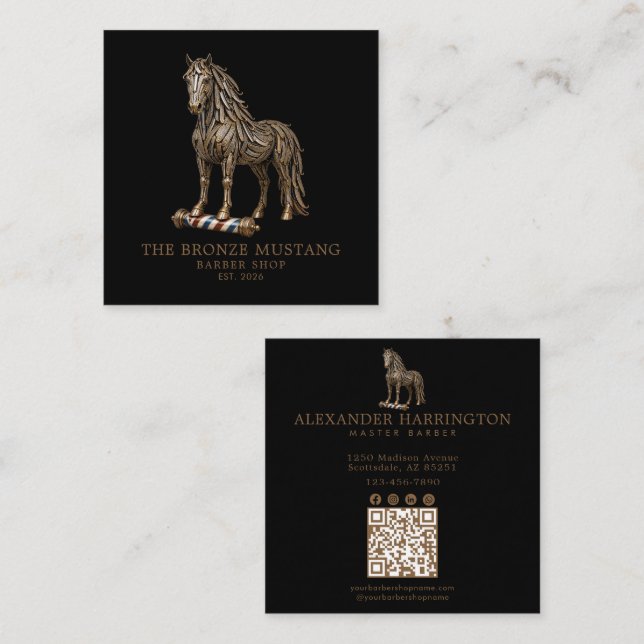 Professional Barber Shop Bronze Mustang Qr Code Square Business Card (Front/Back)