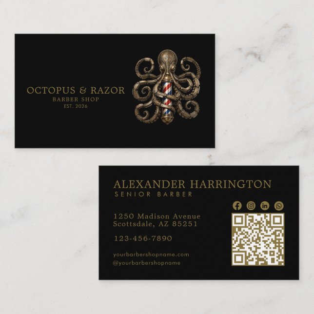 Professional Barber Shop Bronze Octopus Qr Code Business Card (Front/Back)