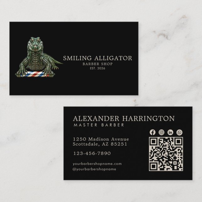 Professional Barber Shop Emerald Alligator Qr Code Business Card (Front/Back)