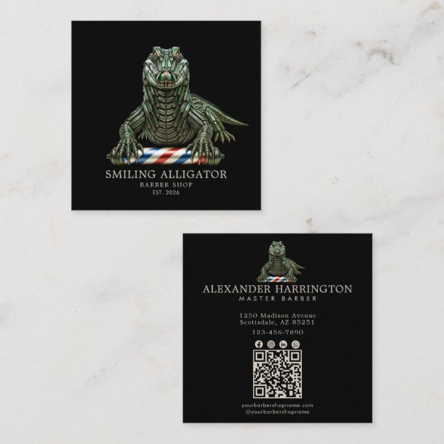 Professional Barber Shop Emerald AlligatorQr Code Square Business Card (Front/Back)