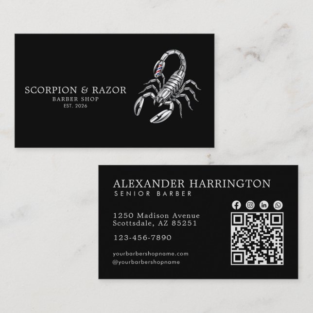 Professional Barber Shop Silver Scorpion Qr Code Business Card (Front/Back)