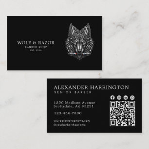 Professional Barber Shop Silver Wolf Qr Code Business Card