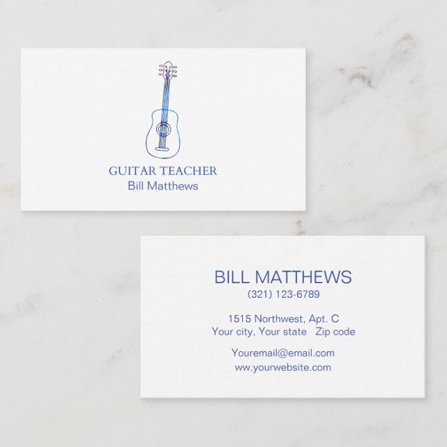 Professional Basic Modern Guitar Teacher Business Card (Front/Back)