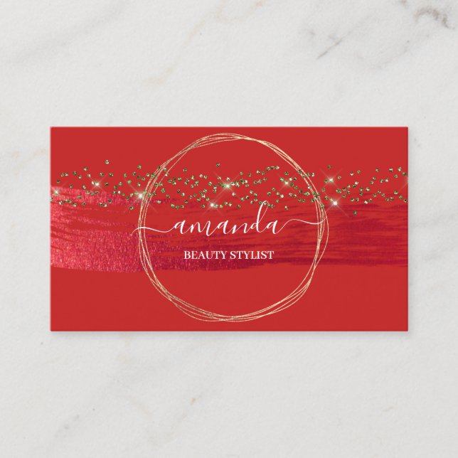 Professional Beauty Makeup Logo Gold Red Confetti Business Card (Front)