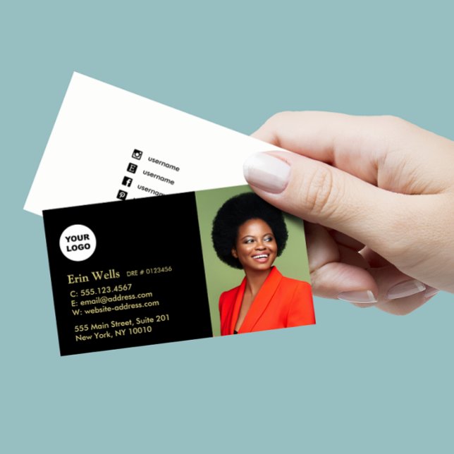 Professional Black Add Photo Logo Social Media Business Card (Creator Uploaded)