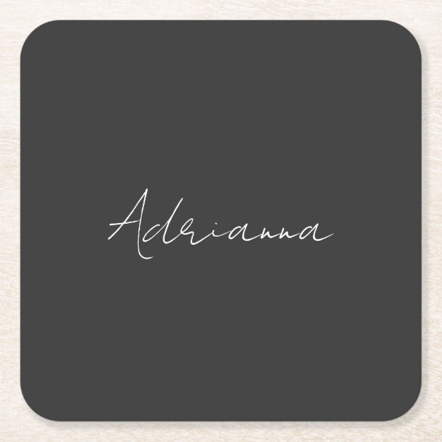 Professional black add your name handwriting retro square paper coaster (Front)