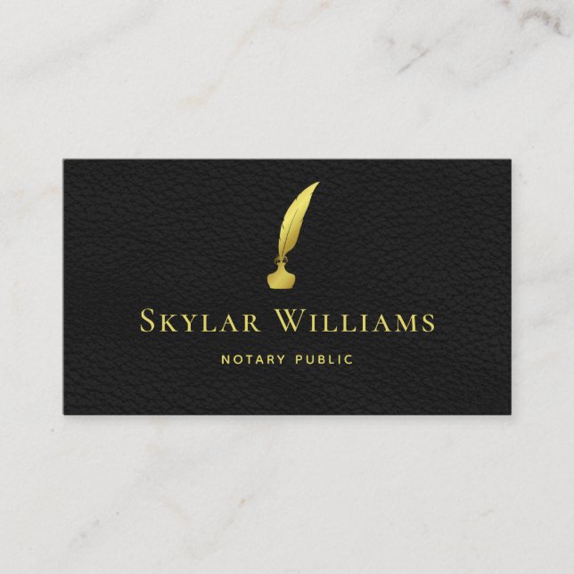 Professional Black And Gold Faux Leather Notary Business Card (Front)
