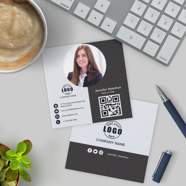 Professional Black and White add  Photo QR Code Sq Square Business Card (Creator Uploaded)