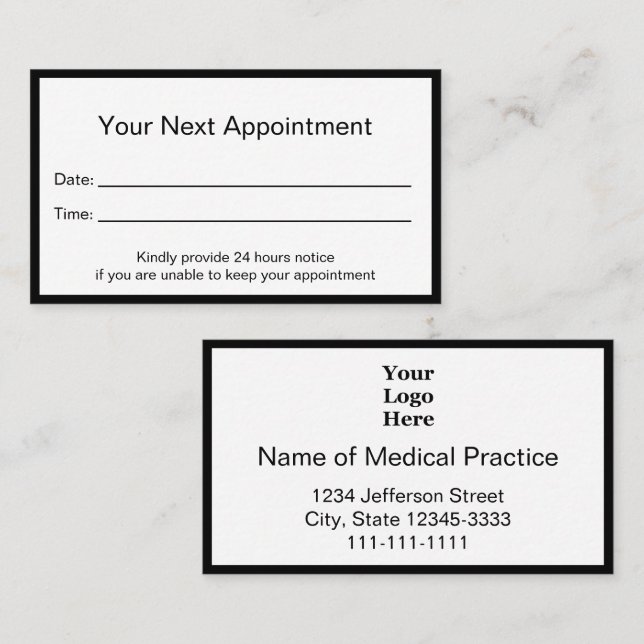 Professional Black and White Medical Practice Appointment Card (Front/Back)