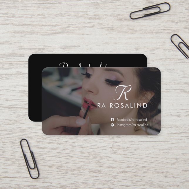 Professional Black and White Monogrammed Photo Business Card (Front/Back In Situ)