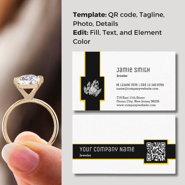 Professional Black and White QR Code Jeweller Business Card (Professional Black and White QR Code Jeweler Business Card, Custom Photo)