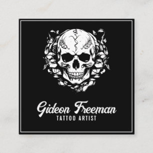 Professional Black and White Skull Tattoo Artist Square Business Card