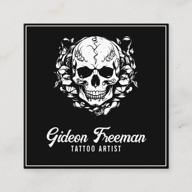 Professional Black and White Skull Tattoo Artist Square Business Card (Front)