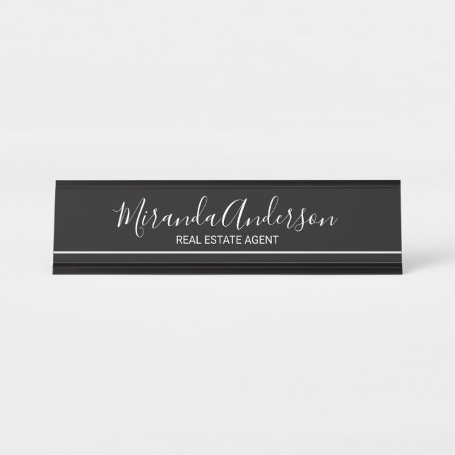 Professional Black and White with Script Name Desk Name Plate (Front)
