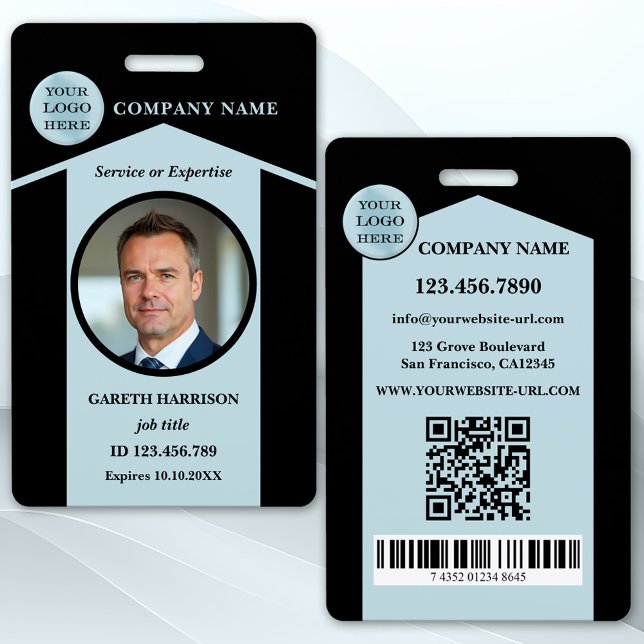 Professional Black Blue Photo ID ID Badge (Photo ID badge featuring your custom photo and logo on a black and dusty blue design)