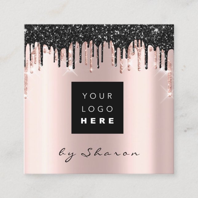 Professional Black Drips 6 Punches CustomLogo Rose Square Business Card (Front)