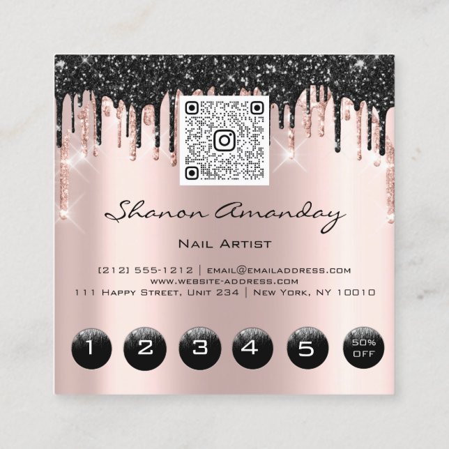 Professional Black Drips 6 Punches QRCodeLogo Rose Square Business Card (Back)