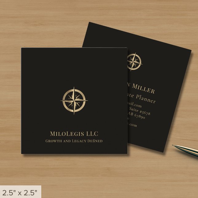 Professional Black Gold Compass Logo Square Business Card (Creator Uploaded)