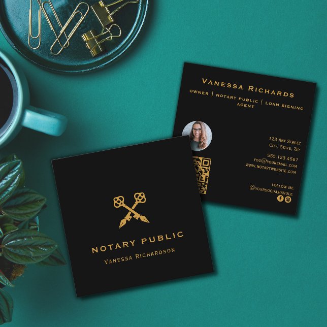 Professional Black & Gold Crossed Pens QR Code Square Business Card (Creator Uploaded)