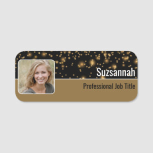 Professional Black & Gold Glitter Custom Photo Name Tag