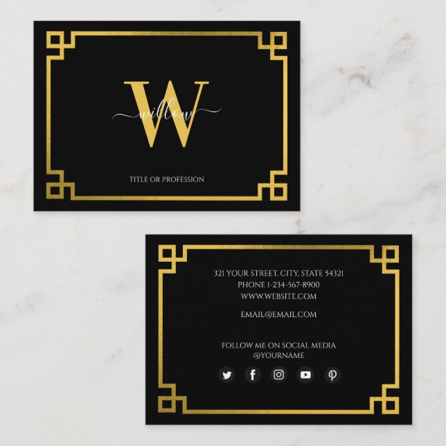 Professional Black & Gold Greek Key Social Media  Business Card (Front/Back)