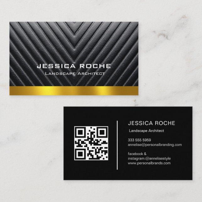 Professional Black & Gold Landscape Architect QR  Business Card (Front/Back)