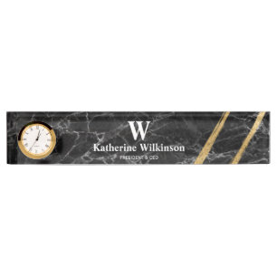 Professional Black & Gold Marble Monogram  Nameplate