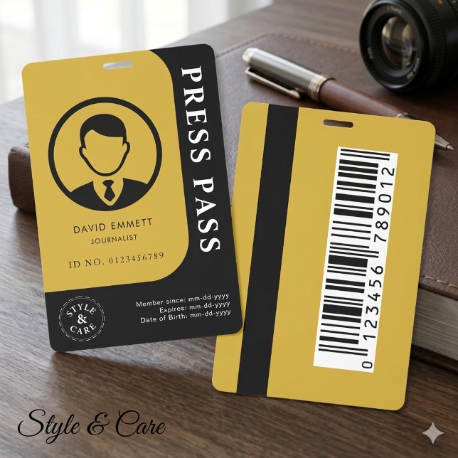 Professional Black Gold Media Pass Photo Barcode ID Badge (Professional Black Gold Media Pass Photo Barcode Badge)