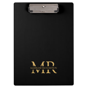 Professional Black Gold Monogram Name Initials Clipboard