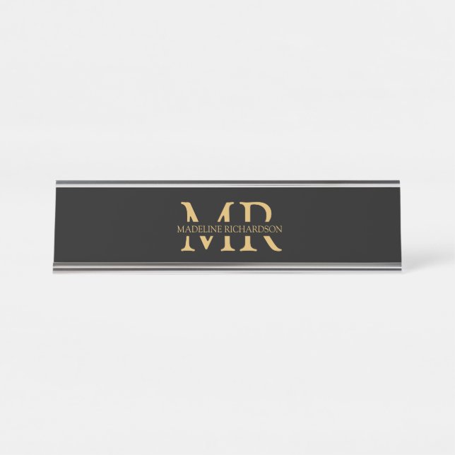 Professional Black Gold Monogram Name Initials   Desk Name Plate (Front)