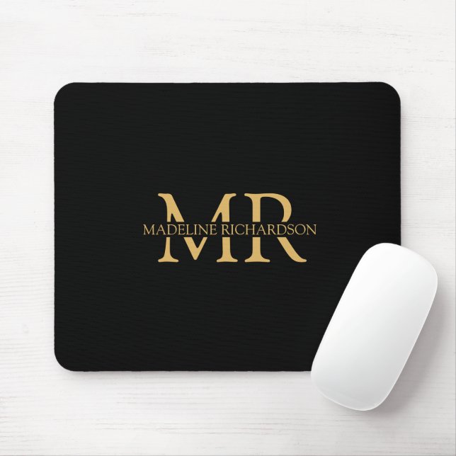 Professional Black Gold Monogram Name Initials Mouse Mat (With Mouse)