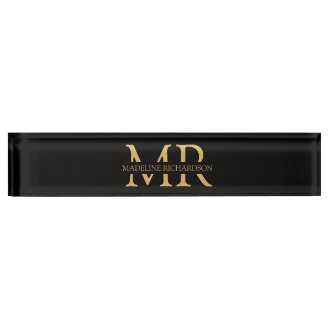 Professional Black Gold Monogram Name Initials  Nameplate (Front)