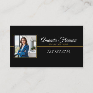 Professional Black & Gold Photo Real Estate Agent Business Card