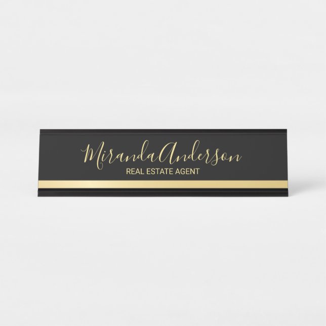 Professional Black & Gold with Modern Script Name Desk Name Plate (Front)