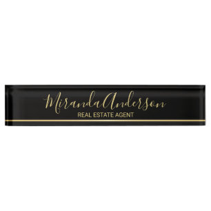 Professional Black & Gold with Modern Script Name Nameplate
