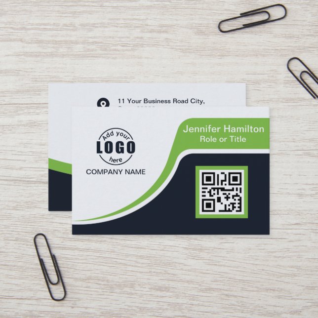 Professional Black Green add your Logo QR Code Bus Business Card (Front/Back In Situ)