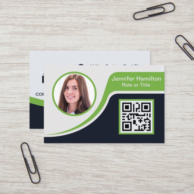 Professional Black Green add your Logo QR Code Business Card (Front/Back In Situ)